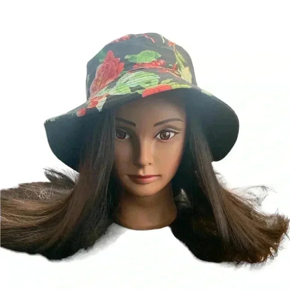 Boutique Handcrafted Black Tropical Floral Print OSFM Beach Bucket Hat - Picture 3 of 7